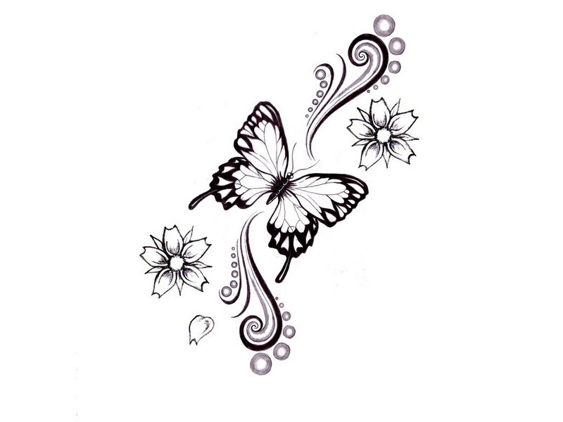 Sweet butterfly with swirlings and flowers tattoo design