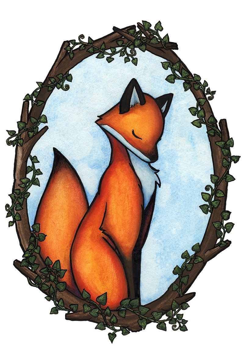 Sweet cartoon colorful fox sitting in wooden frame tattoo design