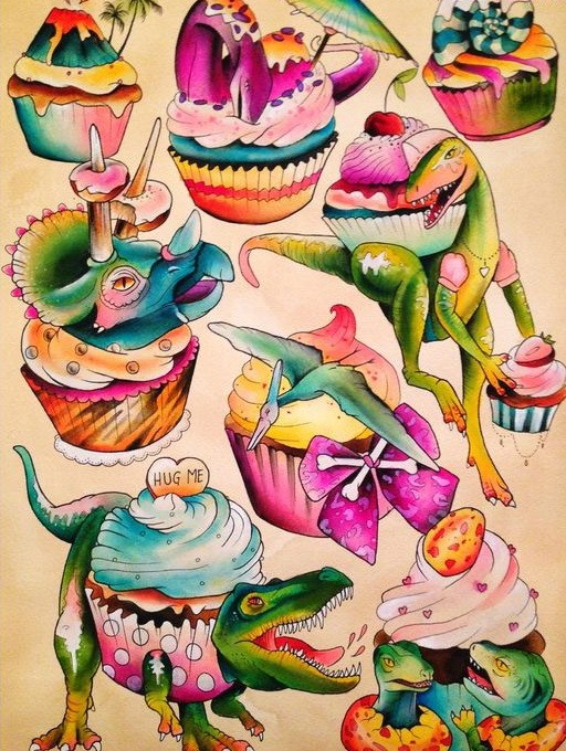 Sweet colored dinosaurs with tasty cakes tattoo design