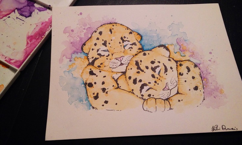 Sweet colored leopard babies on watercolor background tattoo design