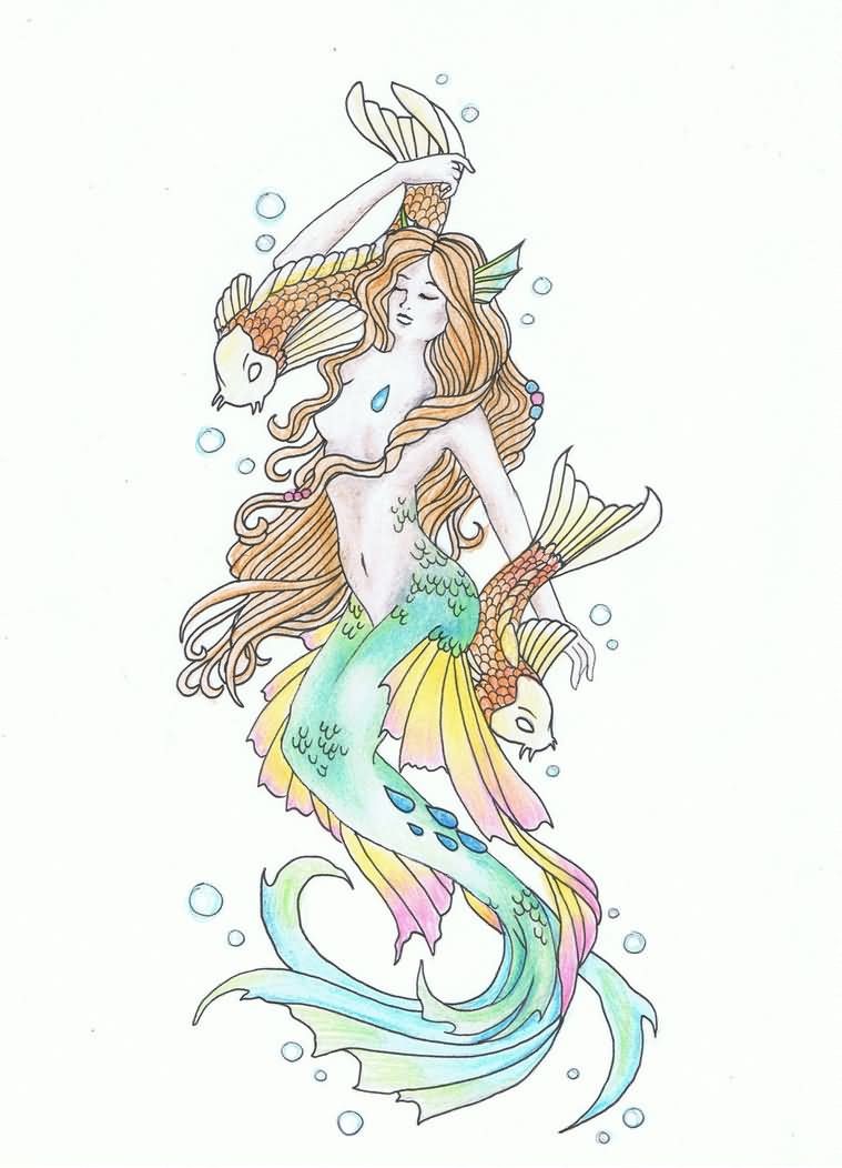 Sweet colored mermaid and gold fishes tattoo design