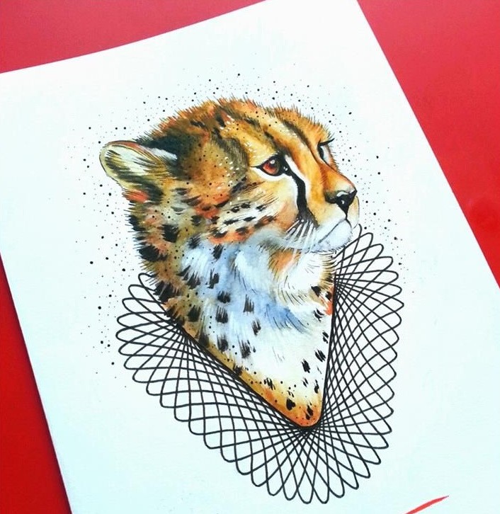 Sweet colorful cheetah baby portrait with geometric elements tattoo design