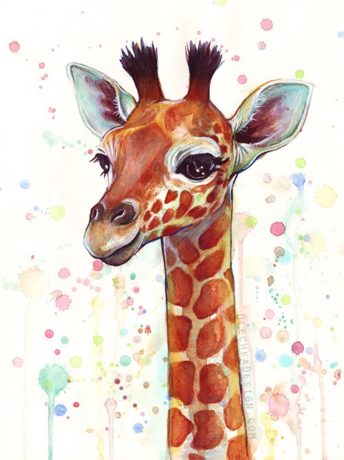 Sweet colorful giraffe portrait in watercolor splashes tattoo design