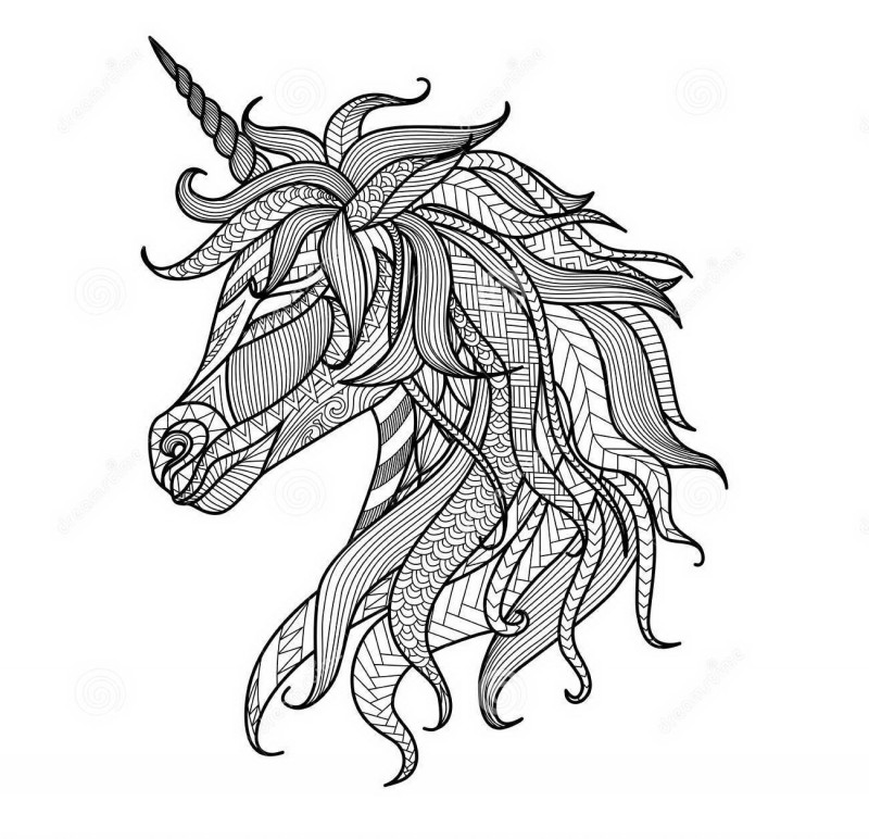 Sweet colorless patterned unicorn head in profile tattoo design