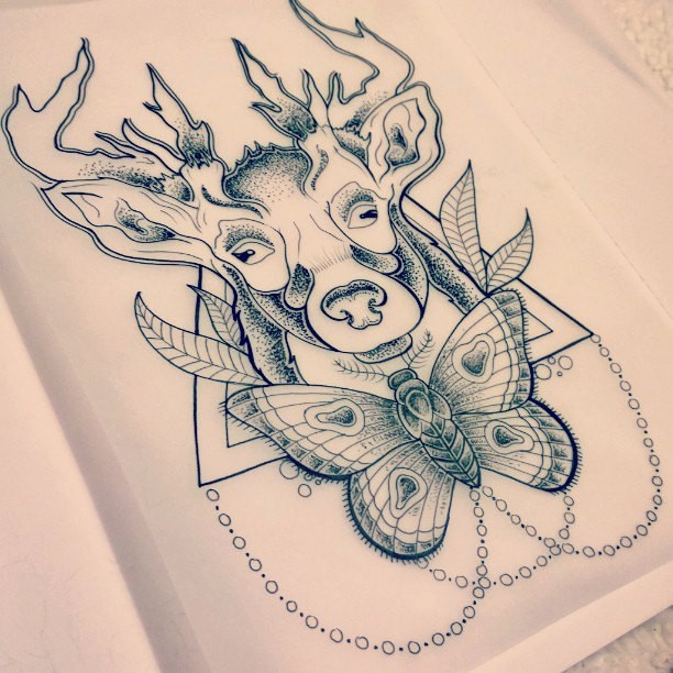 Sweet deer head and moth tattoo design