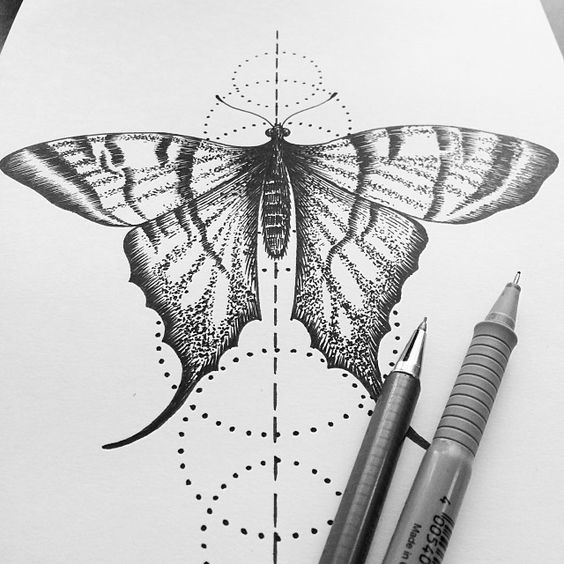 Sweet dotwork butterfly with interesting shape wings tattoo design