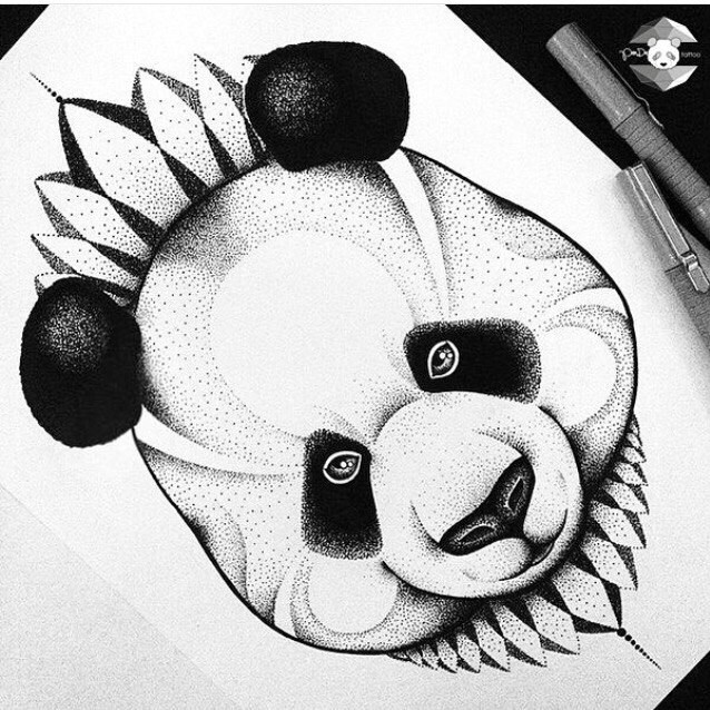 Sweet dotwork panda muzzle on floral background tattoo design