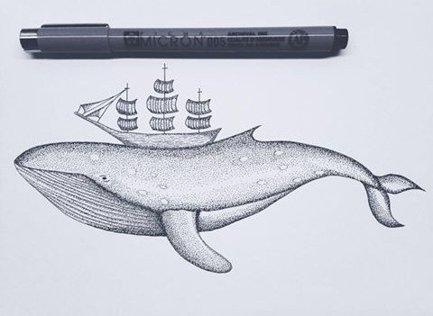 Sweet dotwork whale with ship on back tattoo design