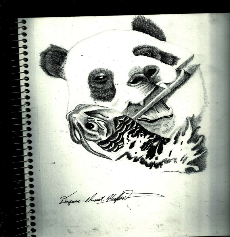 Sweet drawn panda head and koi fish tattoo design by Quan Art