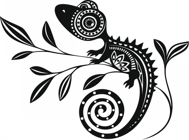 Sweet full-black patterned chameleon on leaved branch tattoo design