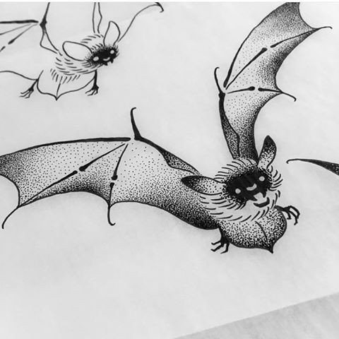 Sweet grey-ink flying bat tattoo design