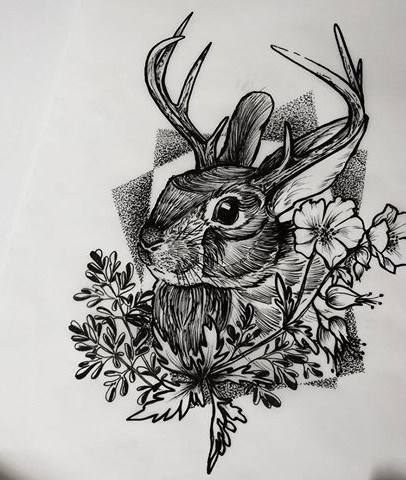 Sweet horned hare in flowers on geometric and dotwork background tattoo design