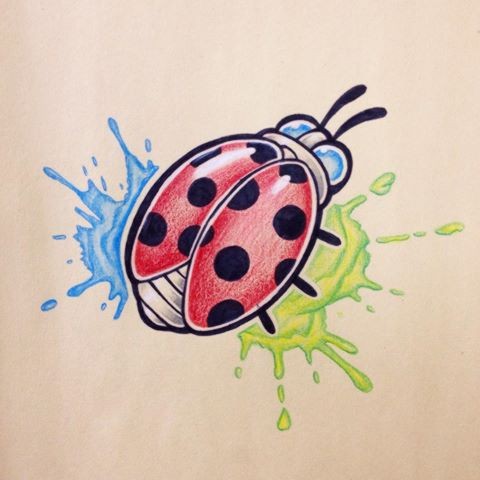 Sweet ladybug on green and blue background tattoo design