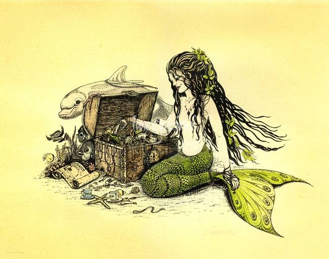 Doce pequena sereia e um golfinho com baú aberto com design de tatuagem de tesouros