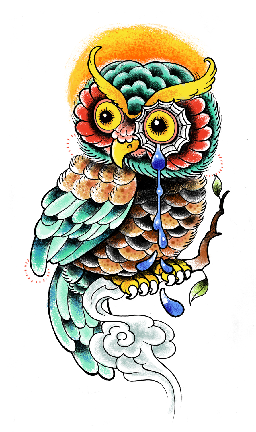 Sweet multicolor crying owl tattoo design