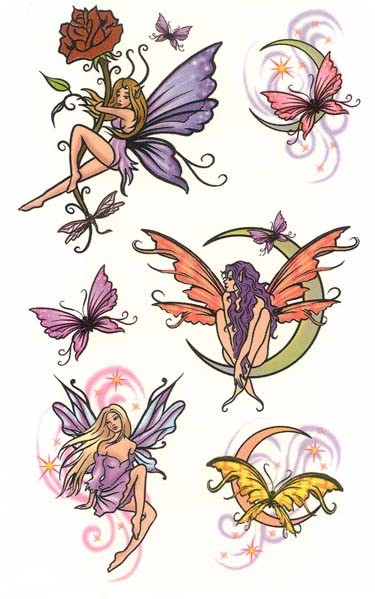 Sweet multicolor fairy with different decorationd tattoo designs