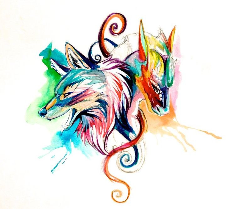 Sweet multicolor static dragon and wolf heads tattoo design