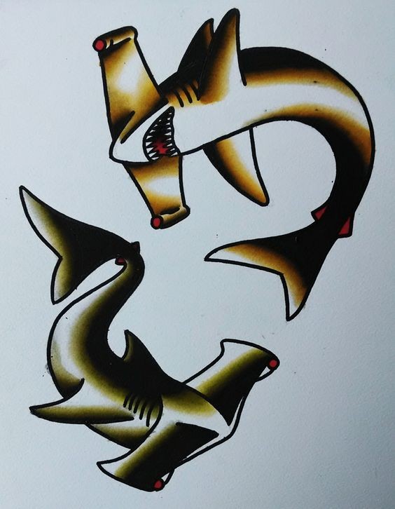 Sweet old school swimming hummer sharks tattoo design