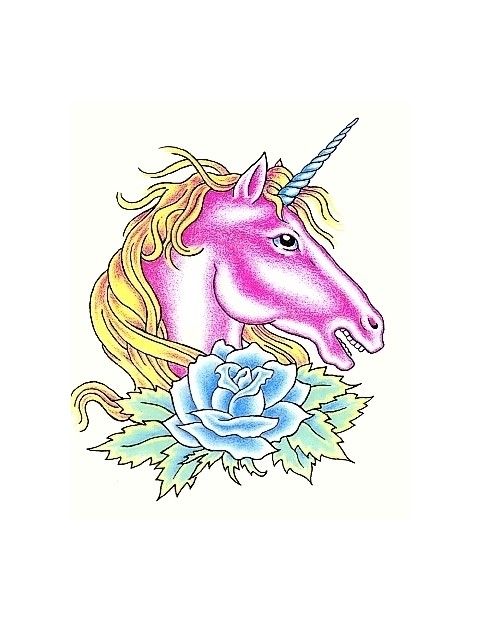 Design de tatuagem de unicórnio rosa doce e botão de rosa azul