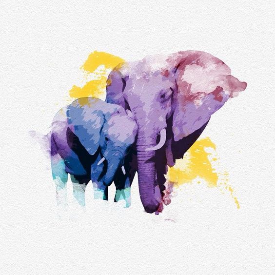 Sweet purple watercolor elephant family tattoo design