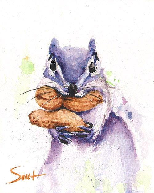 Sweet purple watercolor squirrel with nuts in mouth tattoo design
