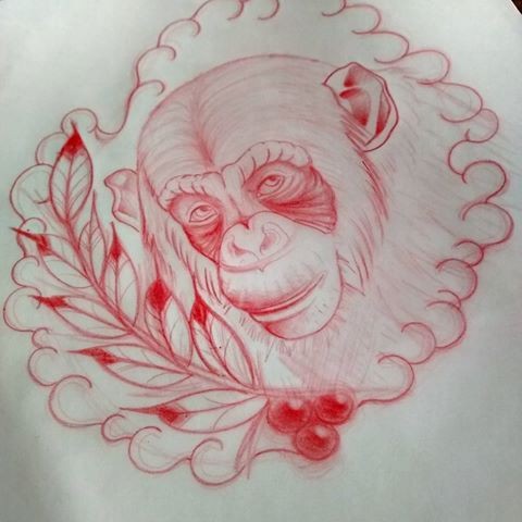 Sweet red-ink chimpanzee and laurel branch in cloudy frame tattoo design