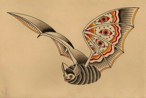 Sweet small colored old school flying bat tattoo design