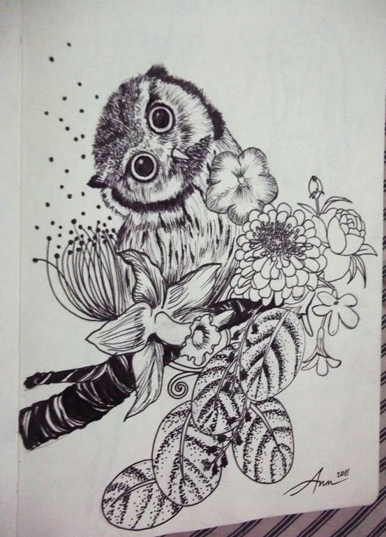 Sweet small owl tattoo design with flowers by Hannsaki