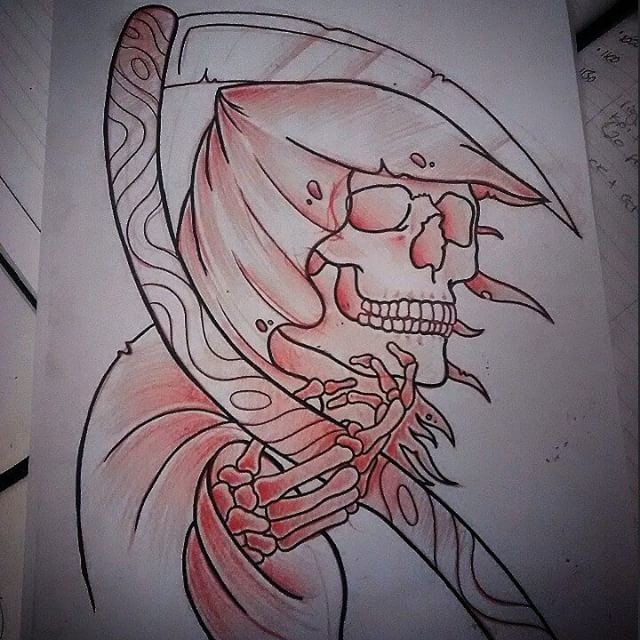 Doce morte sorridente com desenho de tatuagem de sombra vermelha