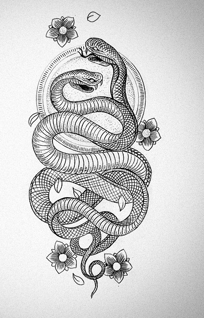 Sweet snake couple and small flowers tattoo design