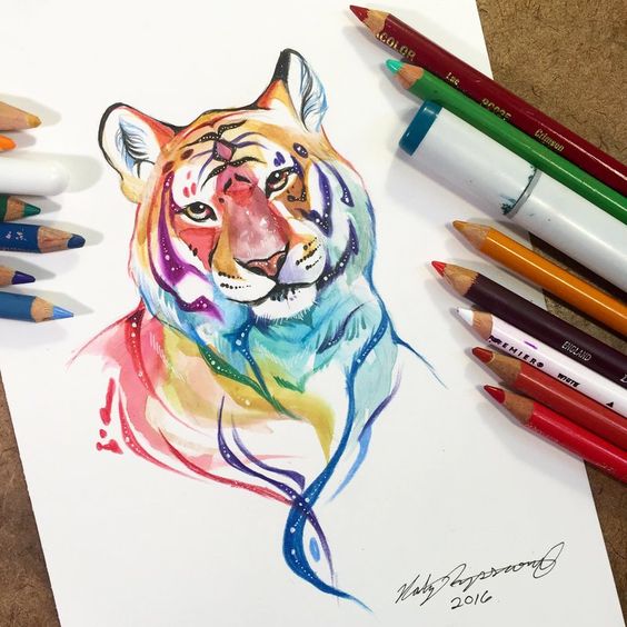 Sweet tiger portrait in rainbow line vortex tattoo design
