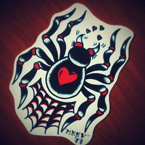 Sweet traditional spider with red heart print on back tattoo design