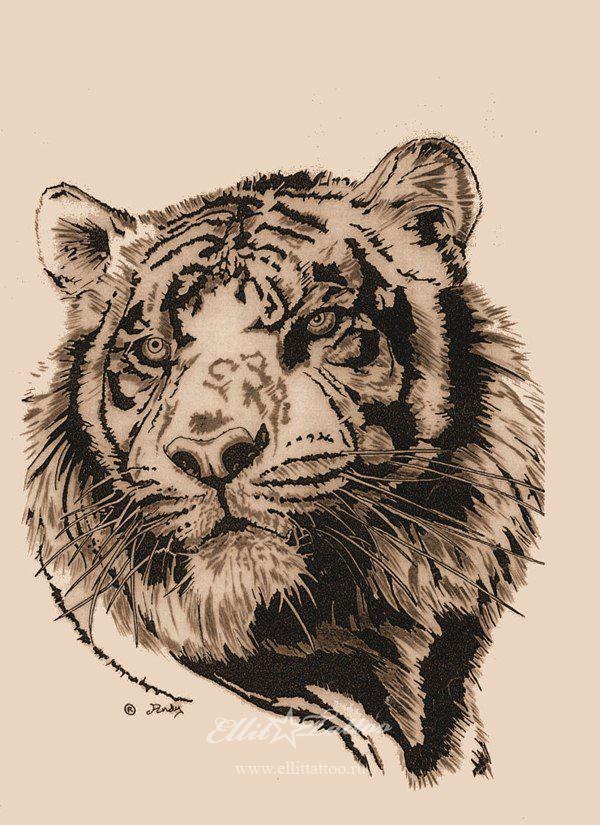 Sweet uncolored tiger portrait tattoo design