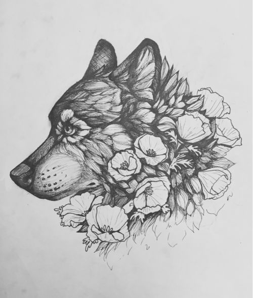 Sweet uncolored wolf head in profile with flowers tattoo design