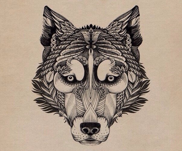 Sweet uncolored wolf head with original pattern tattoo design