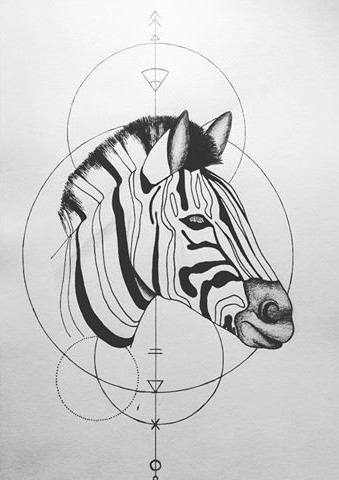 Sweet uncolored zebra head and geometric drawings tattoo design