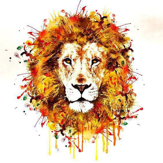 Sweet watercolor-mane lion head in orange colors tattoo design