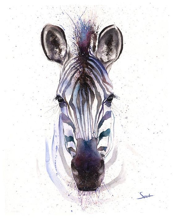 Sweet watercolor zebra portrait with purple shine tattoo design