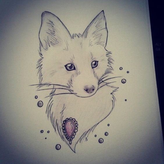 Sweet white fox baby decorated with small purple gem tattoo design