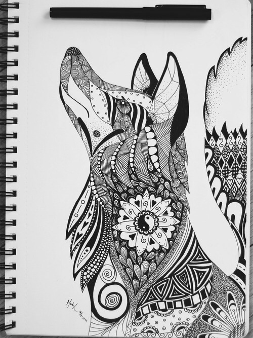 Sweet wolf body with geometric and floral patterns tattoo design