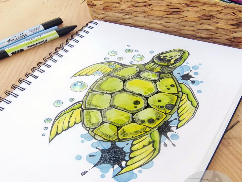 Sweet yellow turtle on blue water splashes tattoo design by Asikaart