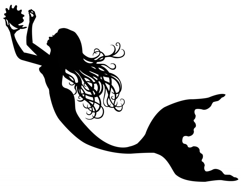 Silhueta de sereia de natação mantendo uma concha com uma pérola na mão tatuagem design