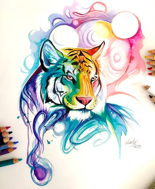 Swirly colorful watercolor tiger portrait tattoo design