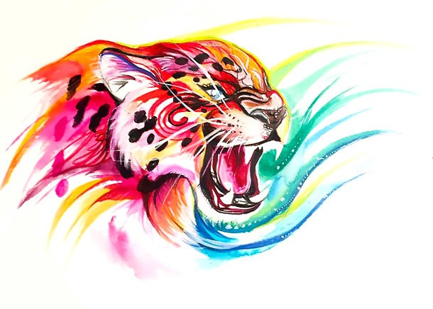 Swirly multicolor jaguar head tattoo design