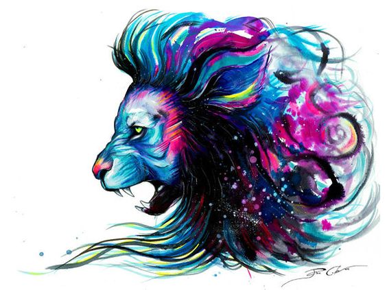 Swirly watercolor gnarling lion tattoo design