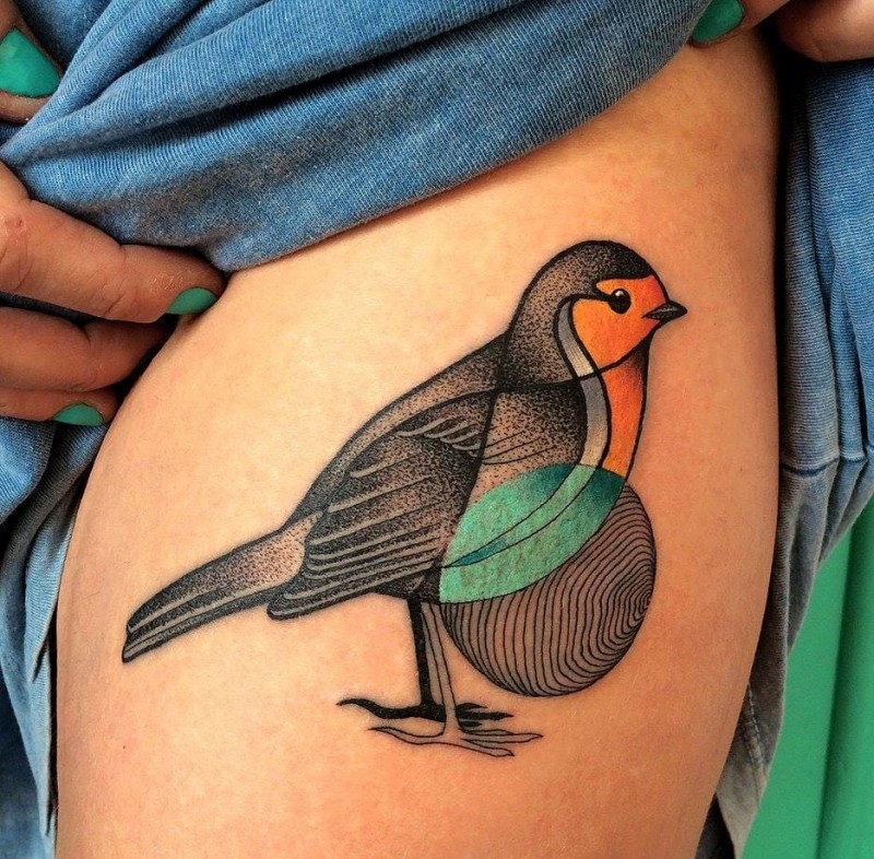 Tattoo gemalt von Mariusz Trubisz in Dotwork-Stil von niedlichen Vogel