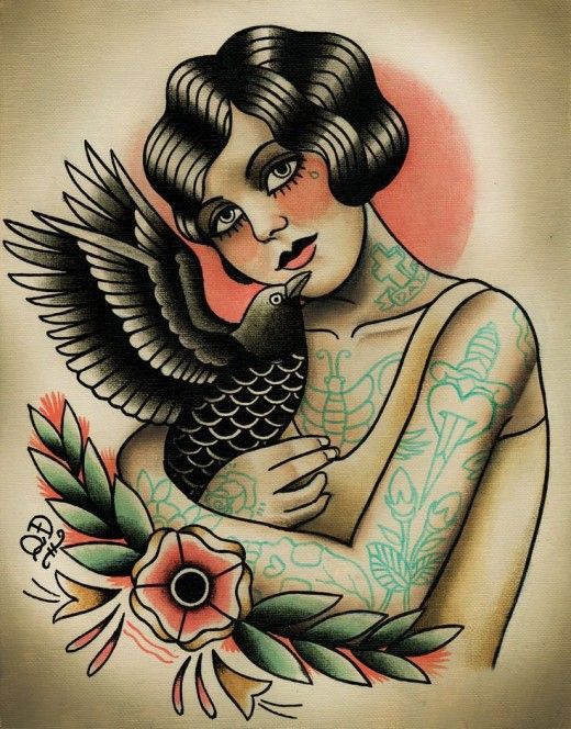 Tattooed old school girl embracing a raven tattoo design