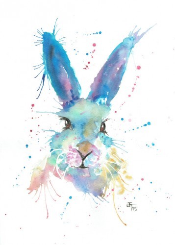 Tender blue watercolor hare portrait in splshes tattoo design