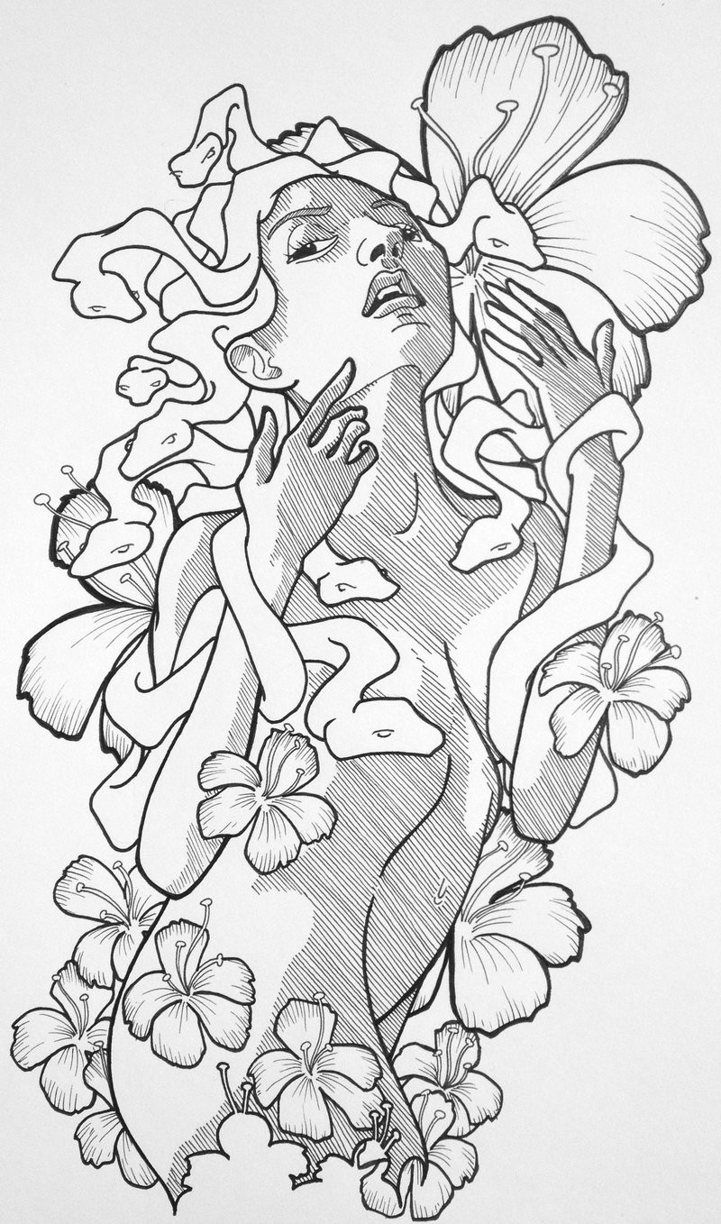 Tender erotic colorless medusa gorgona among flowers tattoo design