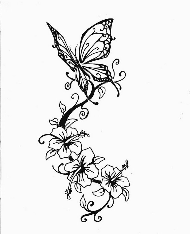 Tender girly butterfly over flower stem tattoo design